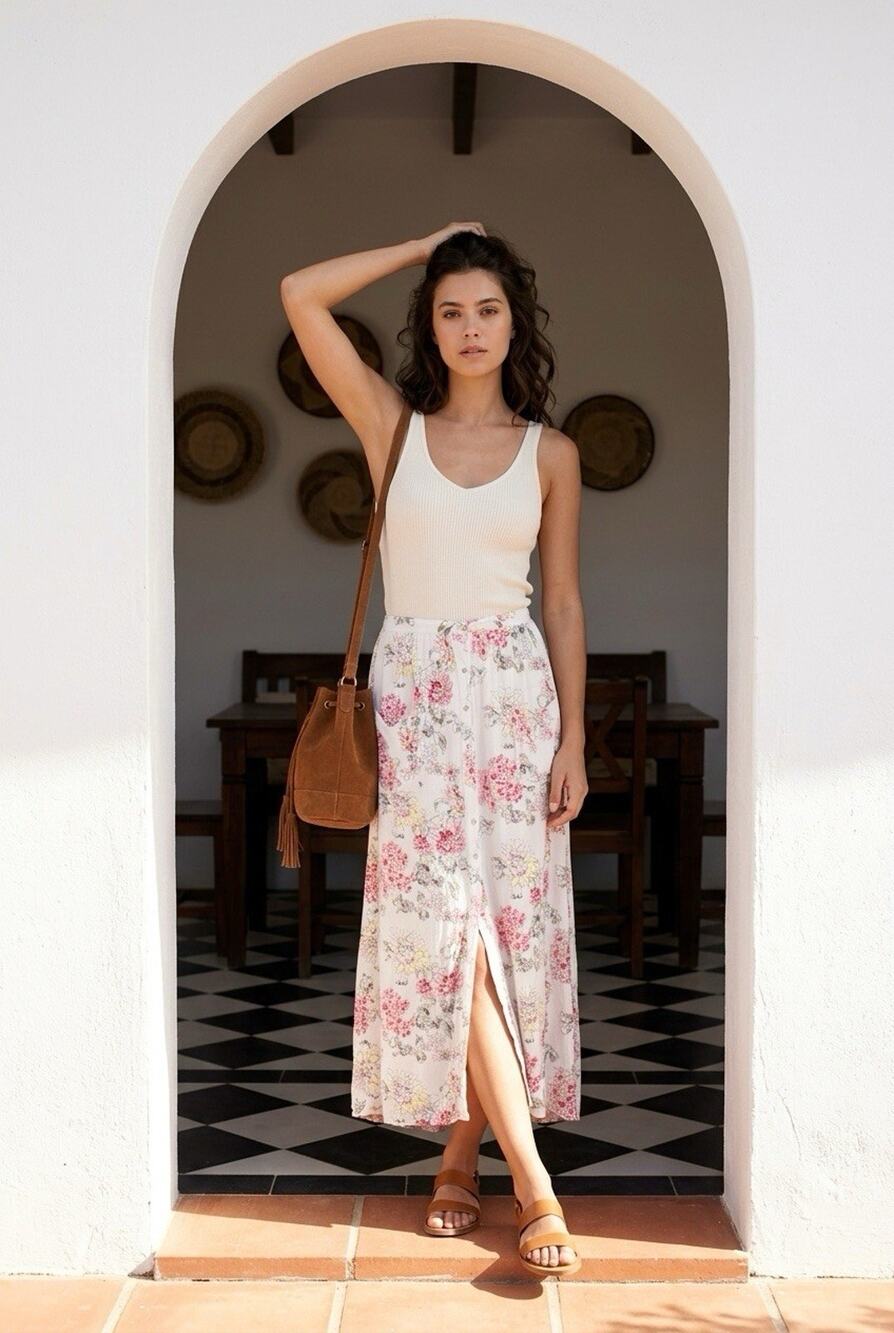 Billabong Floral Maxi Skirt Womens S/M Pink Yellow Button Front Boho Rayon Beach